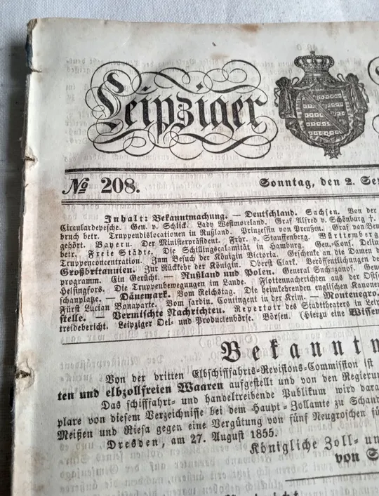 Газета Leipziger Zeitung №208 1855 р. Кримська війна, Німеччина Недорого