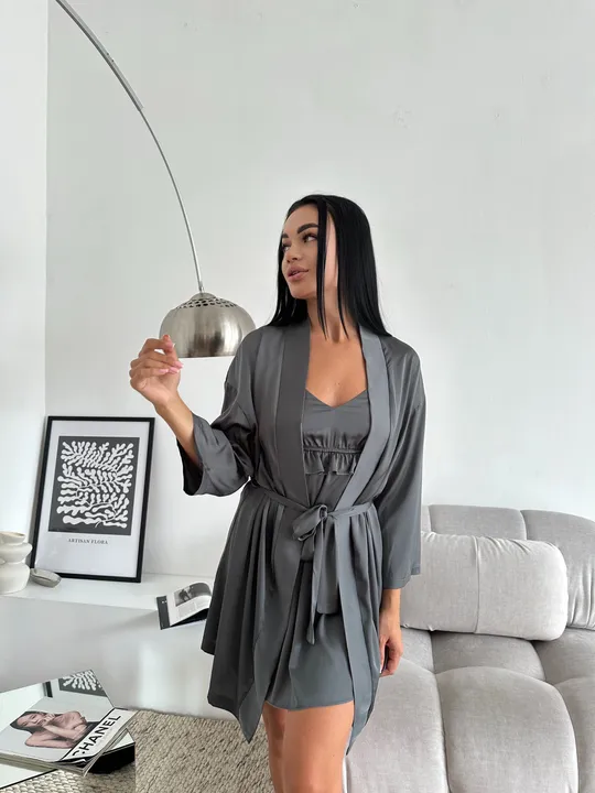 Купити Шовковий комплект халат і сорочка  графіт сірий