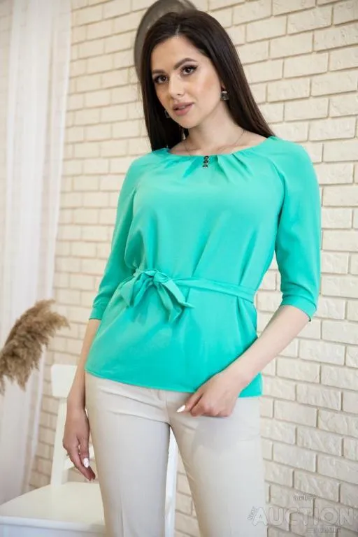 Блузка с рукавами 3/4 и поясом, цвет Зеленый, 172R1-1 Ціна