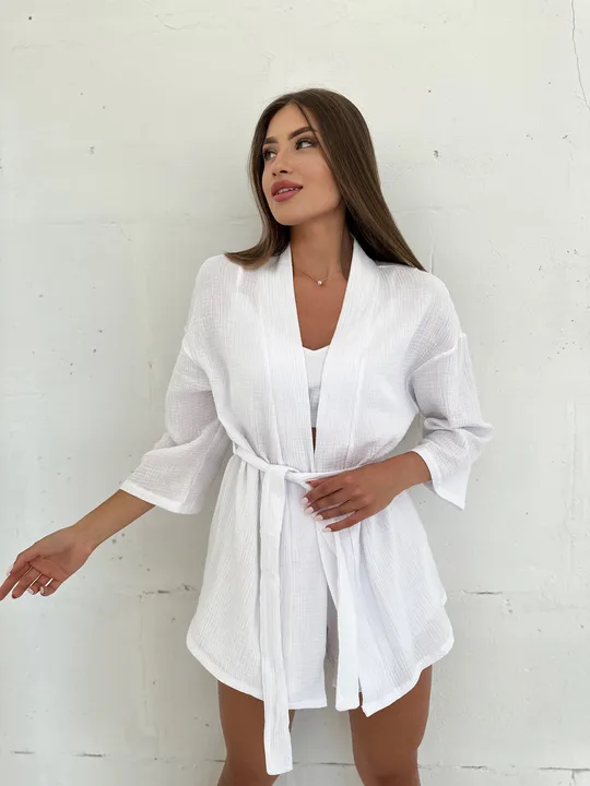 Купити Комплект для дому і сну трійка з мусліну, халат кімоно, топ і шортики Christel 137 білий, розмір L