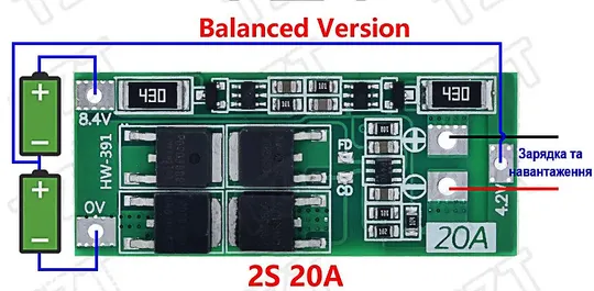 Плата захисту Li-Ion акумуляторів з балансировкою 2S 20A Продаж