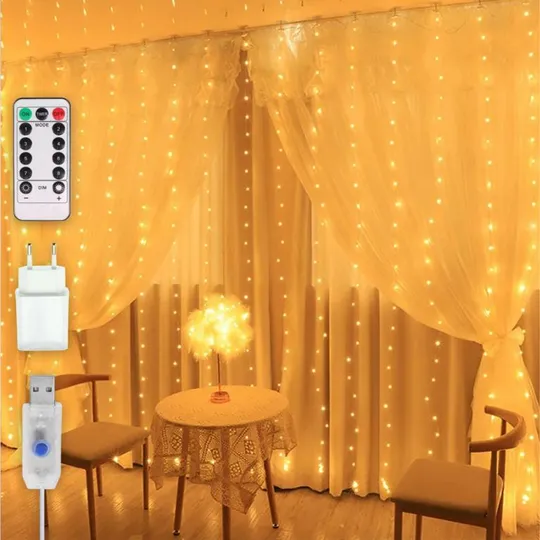 Гирлянда штора Роса + пульт, 3x2м, 400 LED, от USB и сети 220В, 20 нитей, 8 режимов Теплый белый Ціна
