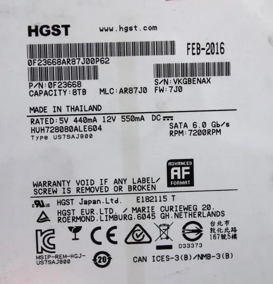 8Tb Ultrastar HGST винчестер HDD 3.5" SATA III 6Gb/s 128 MB 7200rpm HUH7280ALE604 Вж З аукціону