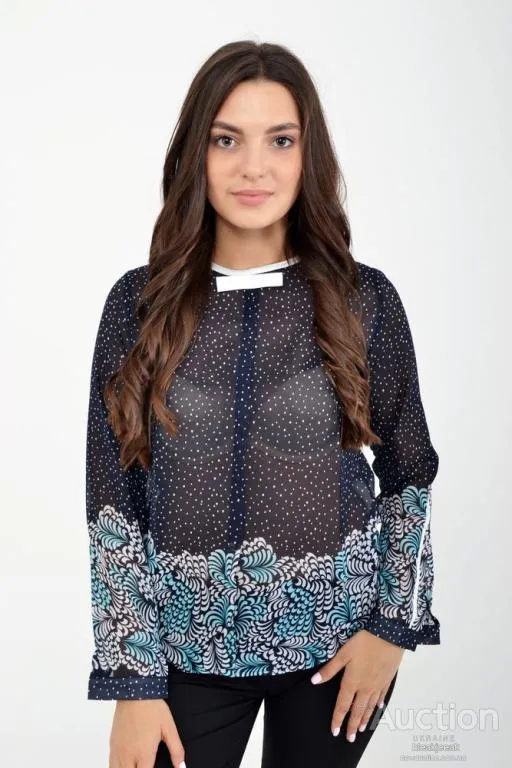 Блуза офисного стиля, цвет Темно-синий с цветочным принтом, 115R036 Ціна