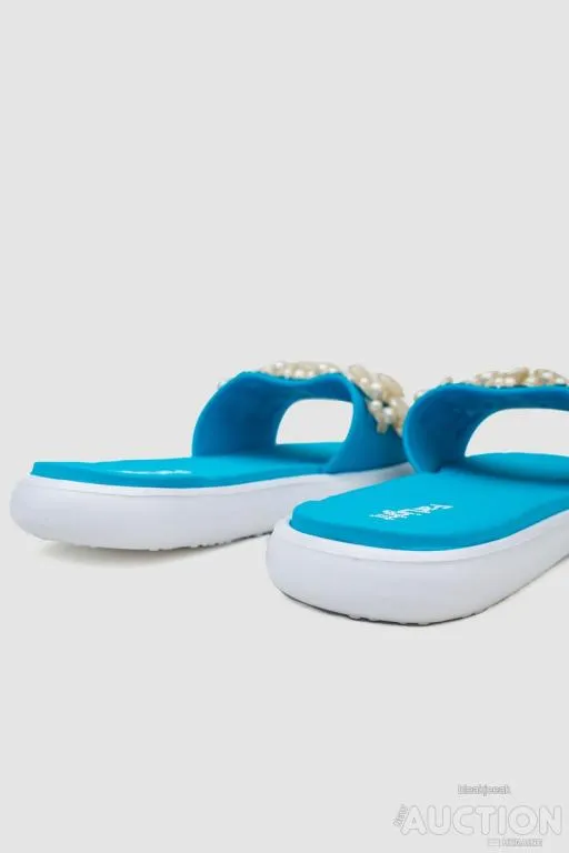 Шлепанцы женские с бусинами, цвет бирюзово-белый, 243R8459-4 Продаж