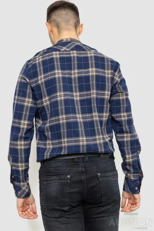 Рубашка мужская в клетку байковая, цвет сине-бежевый, 214R101-36-177 Продаж