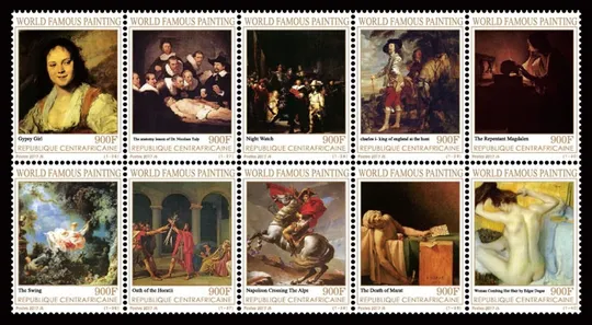 Купити ЦАР-Живопись-Знаменитые картины-2017. Чистый полный красивый комплект-ЛИСТ-100 марок.MNH.