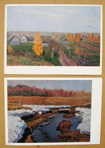 фото, ЛЕВИТАН = ЗОЛОТАЯ ОСЕНЬ. СЛОБОДКА и ВЕСНА. ПОСЛЕДНИЙ СНЕГ = 1975 г. = 2 шт. #