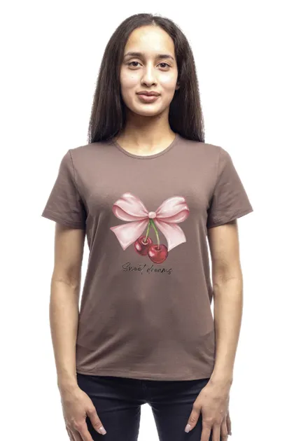 фото, Футболка жіноча однотонна бавовняна Bono принт Вишні прямого крою (різні кольори) 46, Какао