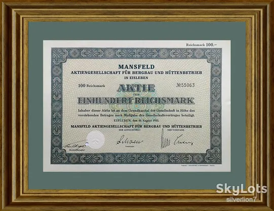 Акція на 100 RM Mansfeld Aktiengesellschaft 1933 Німеччина Mt 20 З аукціону