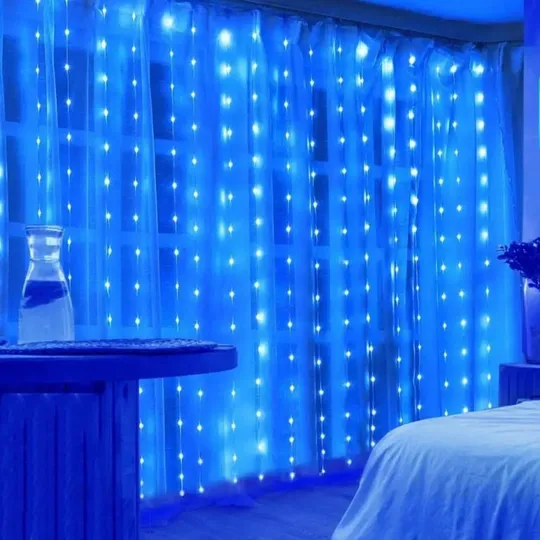Гирлянда штора "Роса" от USB, 3x3м, 300 LED, 10 нитей, 8 режимов, IP44 Сине-белый Недорого