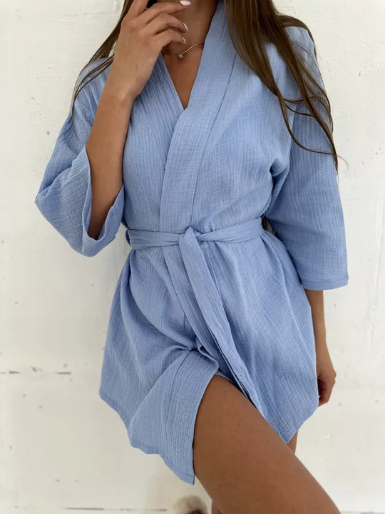 Комплект для дому і сну трійка з мусліну, халат кімоно, топ і шортики блакитний розмір S Інтернет-аукціон