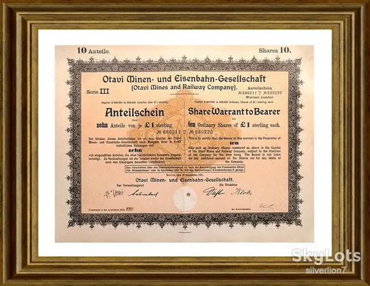 Акція на пред&#039;явника 10/1£ Otavi Minen- und Eisenbahn-Gesellschaft 1921 р. Mt 25 З аукціону