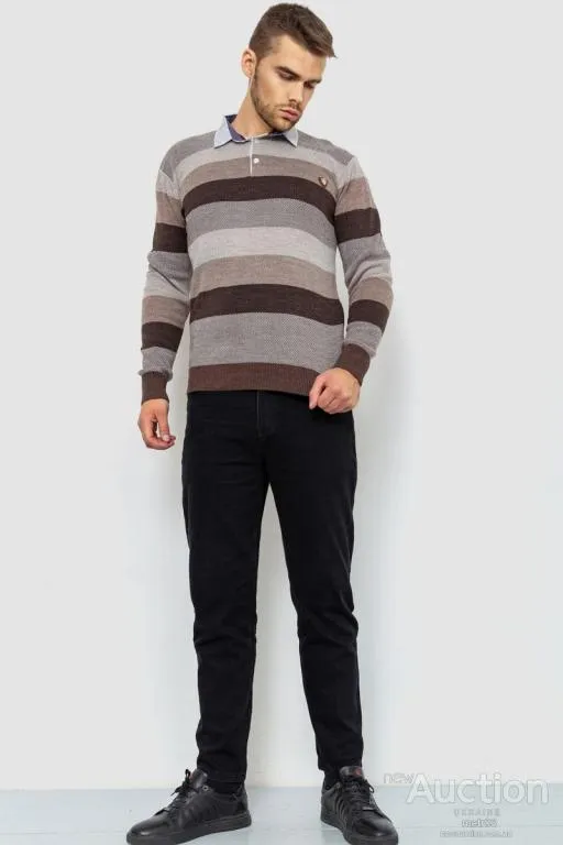 Купити Свитер-обманка мужской в полоску, цвет бежево-коричневый, 161R901-1