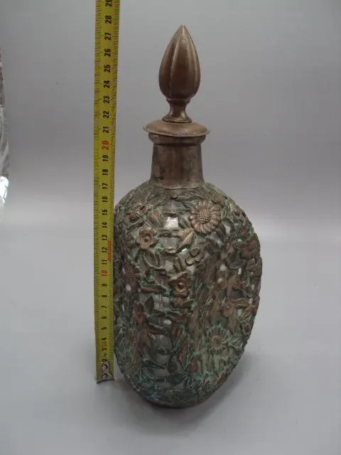 Купити Штоф графин Китай 80-е года стекло, металл узор цветы в оплетке высота с крышкой 27,7 см №13952