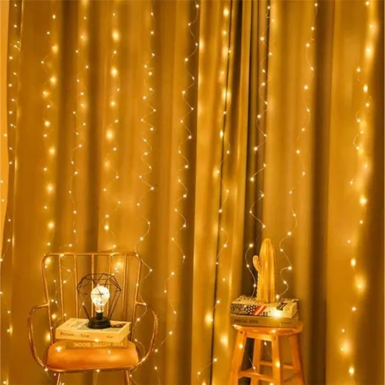 Гирлянда штора "Роса" от USB, 3x3м, 300 LED, 10 нитей, 8 режимов, IP44 Теплый белый Де купити