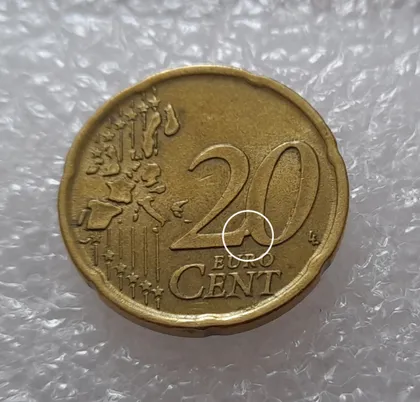 фото, (2281) 20 євроцентів 1999 Іспанія викрошка на реверсі (20 евроцентов 1999 Испания брак)