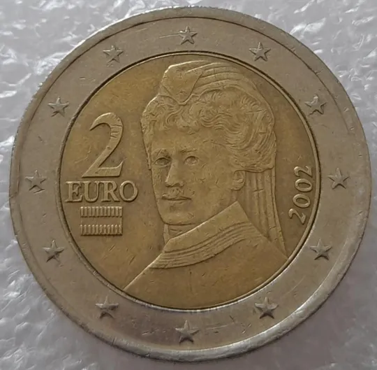 (2360) 2 євро 2002 Австрія викрошка на реверсі (2 евро 2002 Австрия брак) Продаж
