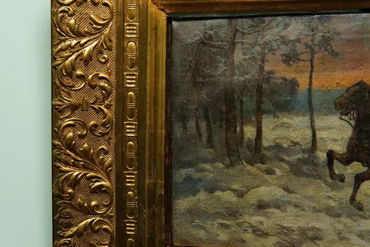 Картина в раме подписная старинная охота погоня всадник отбиваетя от стаи волков, холст масло №27 Інтернет-аукціон