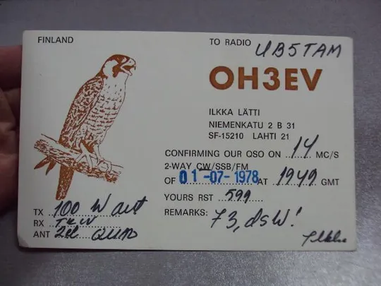 карточка радиообмена QSL финляндия сокол 1978 №2361 З аукціону