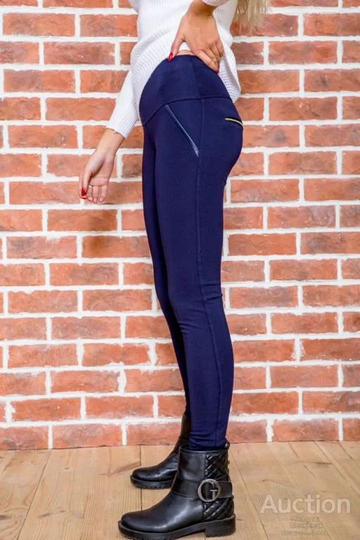 Лосини со вставками из кожзама, темно-синего цвета, 172R5514 Продаж