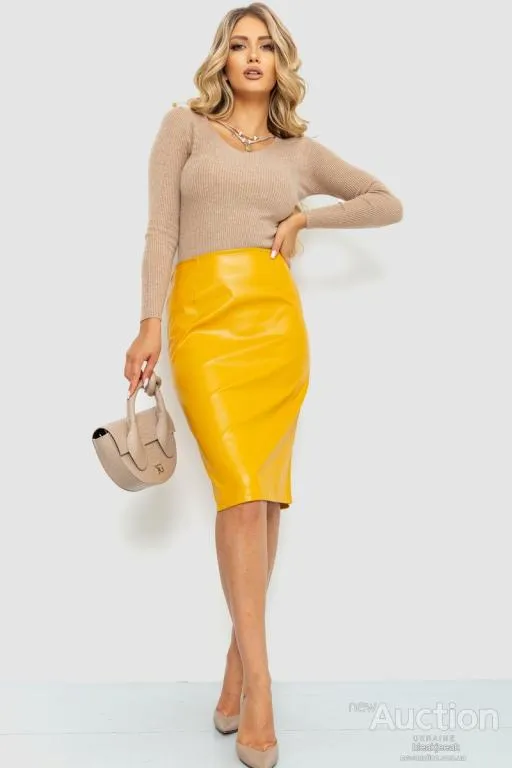 Юбка прямого кроя из экокожи, цвет горчичный, 214R620 Ціна