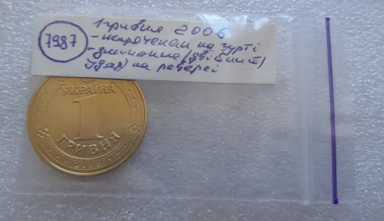 (7987) 1 гривня 2006 непрочекан (відсутність крапки на гурті між 2006 та ОДНА + двійний удар на реверсі (1 гривна 2006 брак) Характеристики