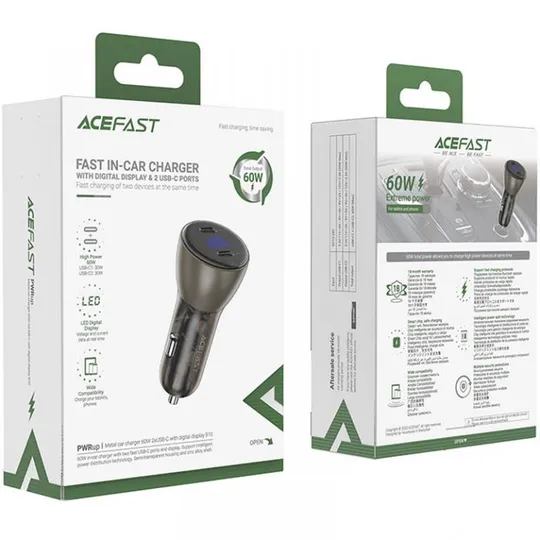 АЗУ Acefast B10 metal car charger 60W (USB-C + USB-C) with digital display Де купити