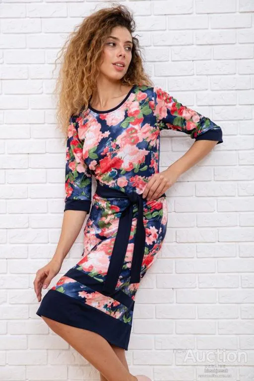Купити Цветастое платье с поясом, синего цвета, 167R161-1