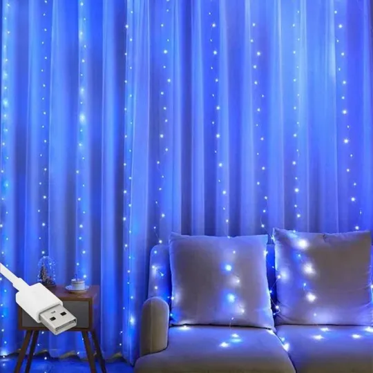 Гирлянда штора "Роса" от USB, 3x3м, 300 LED, 10 нитей, 8 режимов, IP44 Сине-белый Ціна