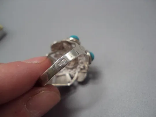 Женское кольцо цветок бирюза колечко цветочек серебро 875 проба ссср вес 5,58 г 19 размер №м14157 Інтернет-аукціон