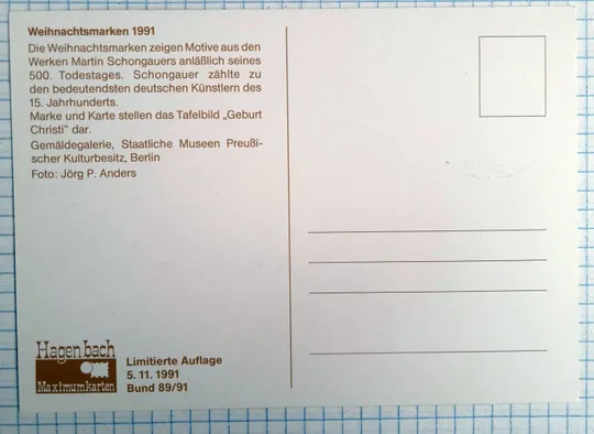 Картмаксимум поштова картка Різдвяні марки 1991 Берлін (89) Fa З аукціону