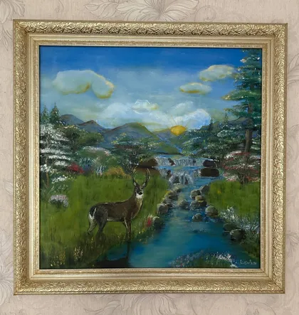 фото, Картина олією з оформленням в рамі " Водопій" 60×60