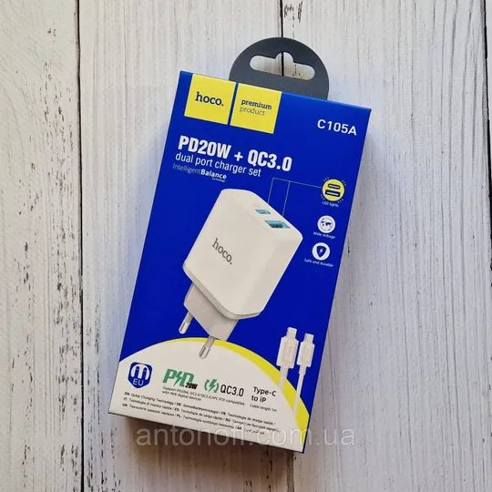 Зарядний пристрій Hoco C105A PD20W+QC3.0 с кабелем Type-C to Apple Білий Ціна