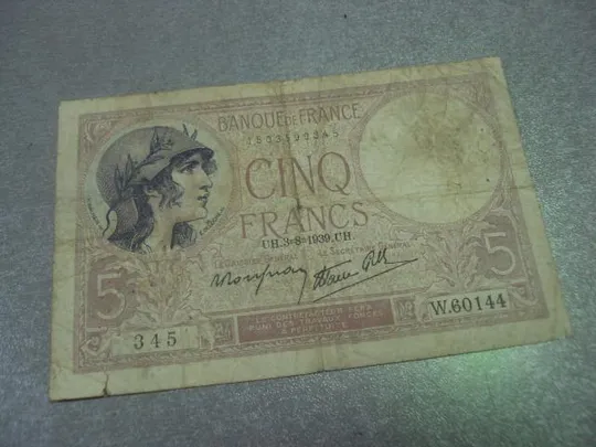 банкнота 5 франков 1939 франция №120 Ціна