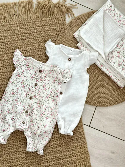 фото, Набір для дівчаток 2 ромпери та плед з мусліну (різні кольори) 56, біли/білий квіти