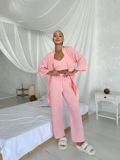 фото, Комплект для дому і сну трійка з мусліну, халат кімоно, топ і штани персиковий