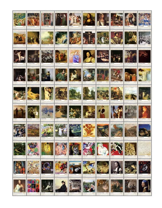 ЦАР-Живопись-Знаменитые картины-2017. Чистый полный красивый комплект-ЛИСТ-100 марок.MNH. Ціна