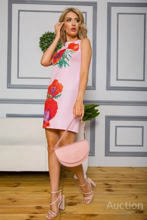 Купити Короткое платье из льна с цветами Маки цвет Розовый 172R019-1