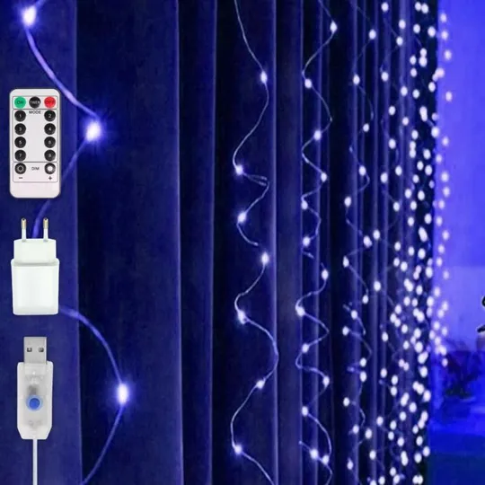 Гирлянда штора Роса + пульт, 1,8x1,2м, 144 LED, от USB и сети 220В, 12 нитей, 8 режимов Синий Ціна