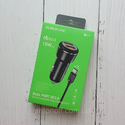 фото, Зарядний пристрій Borofone BZ17 2USB 18W QC3.0 з кабелем Type-C (1м) в авто Чорний
