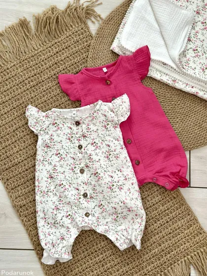 фото, Набір для дівчаток 2 ромпери та плед з мусліну (різні кольори) 74, малиновий/білий квіти
