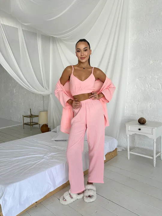 Комплект для дому і сну трійка з мусліну, халат кімоно, топ і штани персиковий Недорого