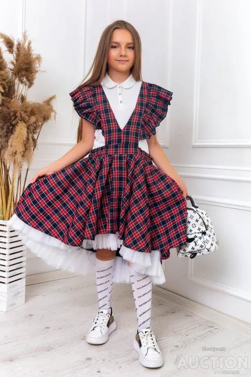Сарафан для дівчинки колір темно синій червона клітинка 2012 Де купити