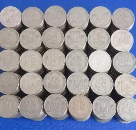 (1) 25 копійок 1994 опт - 500 монет одним лотом (25 копеек 1994 1БВм, 1ББм) Ціна