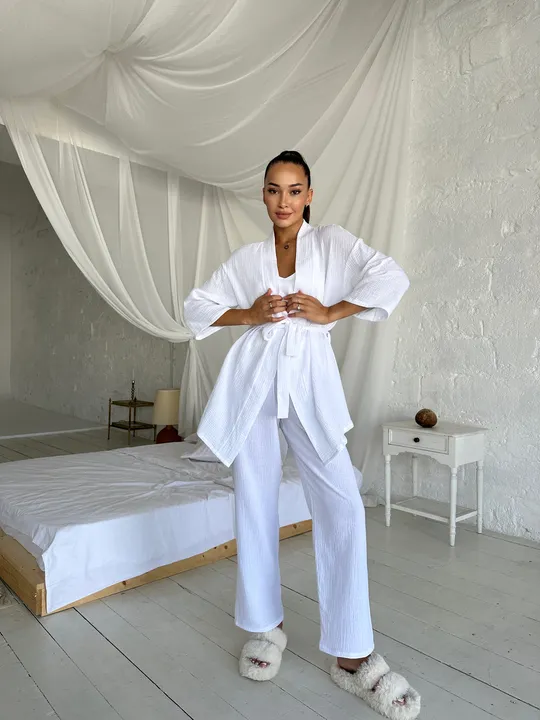 Комплект для дому і сну трійка з мусліну, халат кімоно, топ і штани білий Торговий майданчик