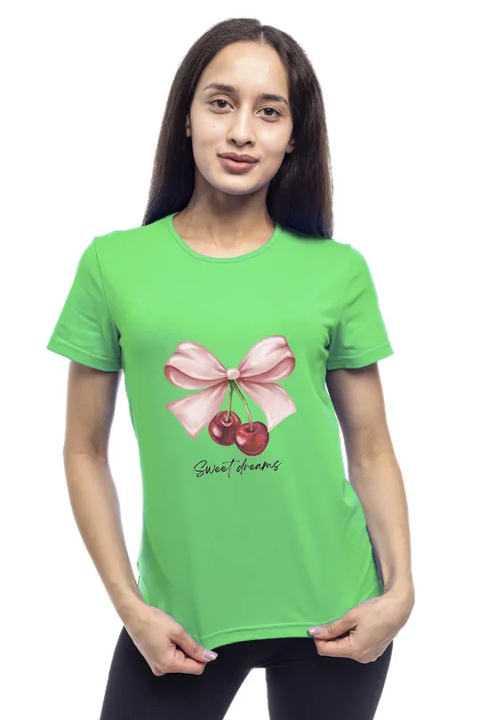 Футболка жіноча однотонна бавовняна Bono принт Вишні прямого крою (різні кольори) 50, Зелений Ціна