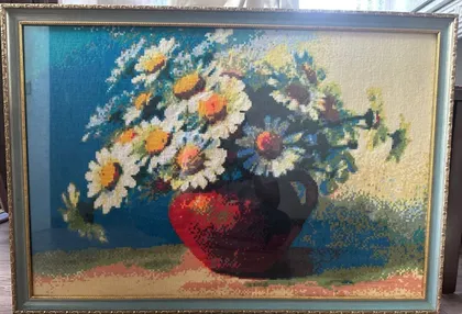 фото, Картина вишита хрестиком, ручна робота, оформлена в рамку з склом, "Чарівні ромашки", 80×60