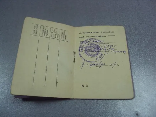 удостоверение классного радиотелеграфиста вс ссср 1957 №5462 Характеристики