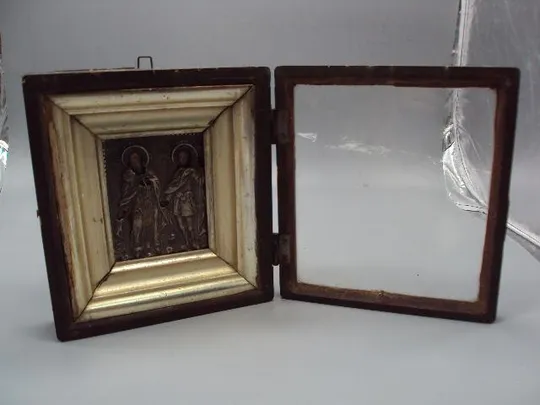 Икона кипарис Афанасий Афонский и Иван Воин оклад серебро 84 проба в киоте размер 19,1х16,8см №13868 Продаж